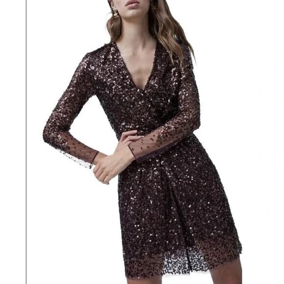 French Connection NWT Emille Sparkle Sequin Sheath Dress Bronze Brown, Size 0 - Picture 2 of 13